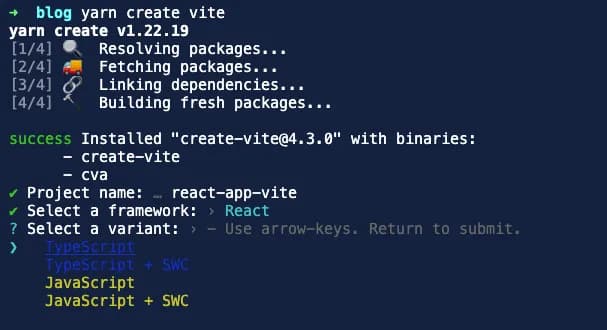 De CRA a ViteJS: selecionando variant no comando de criacao de projeto com vite