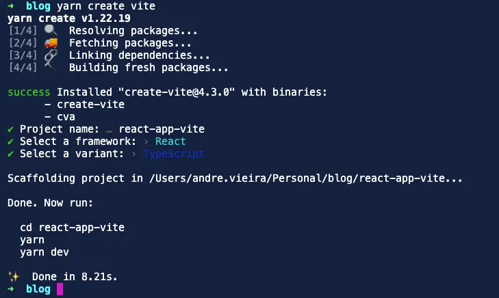 De CRA a ViteJS: comando de criacao de projeto vite com sucesso